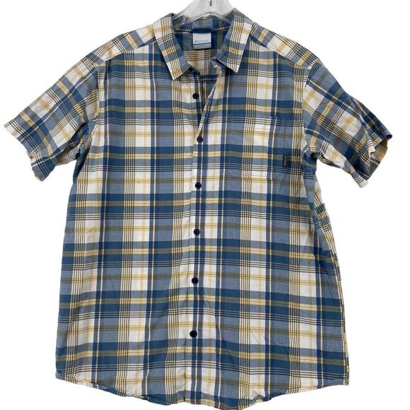 Columbia Button Down Shirt Mens XL Blue Yellow Plaid Chest Pocket Short Sleeve - Picture 1 of 8